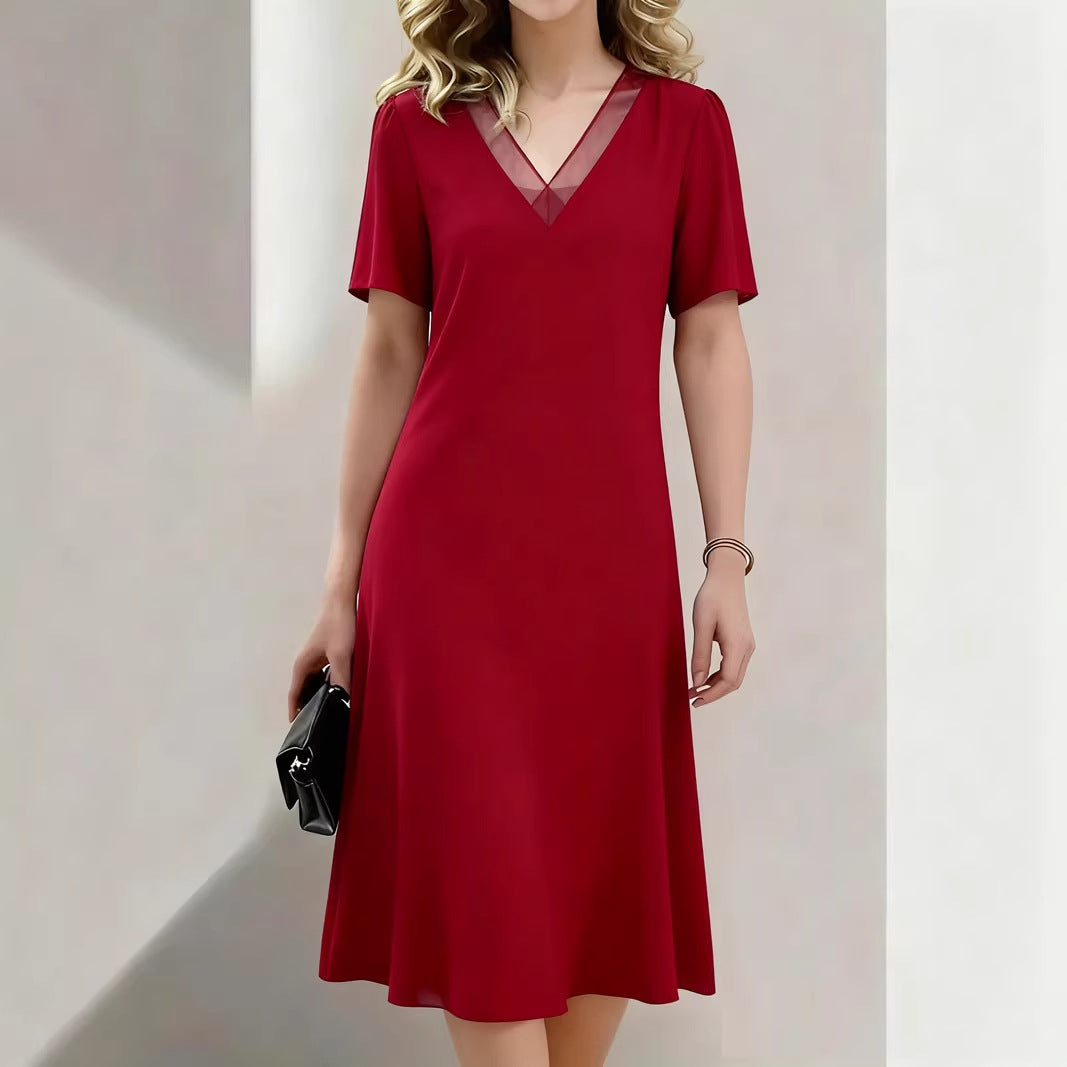 Brina - V-Neck Midi Dress Short Sleeve - Red