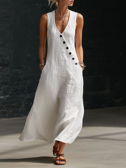Elaria - Structured V-Neck Long-Sleeve Midi Dress - White