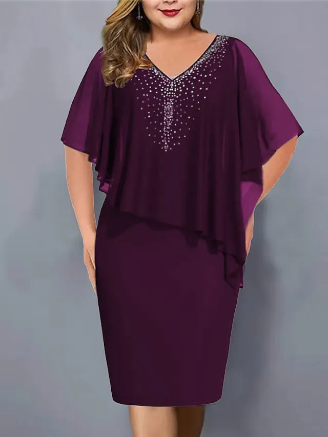 Lirienne - Premium Rhinestone V-Neck Midi Dress - Burgundy