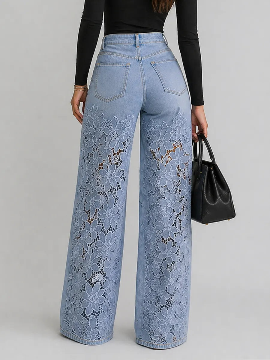 Kaliora - Floral Lace Wide Leg Jeans - Blue