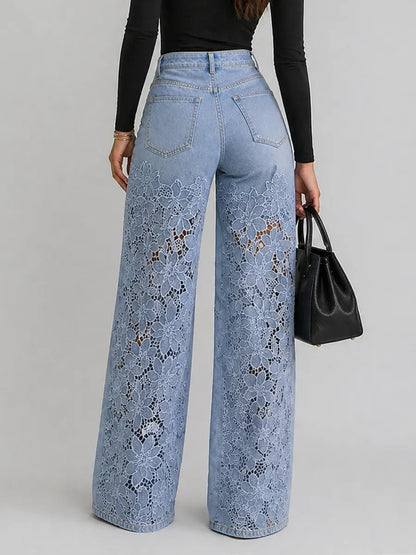 Kaliora - Floral Lace Wide Leg Jeans - Blue