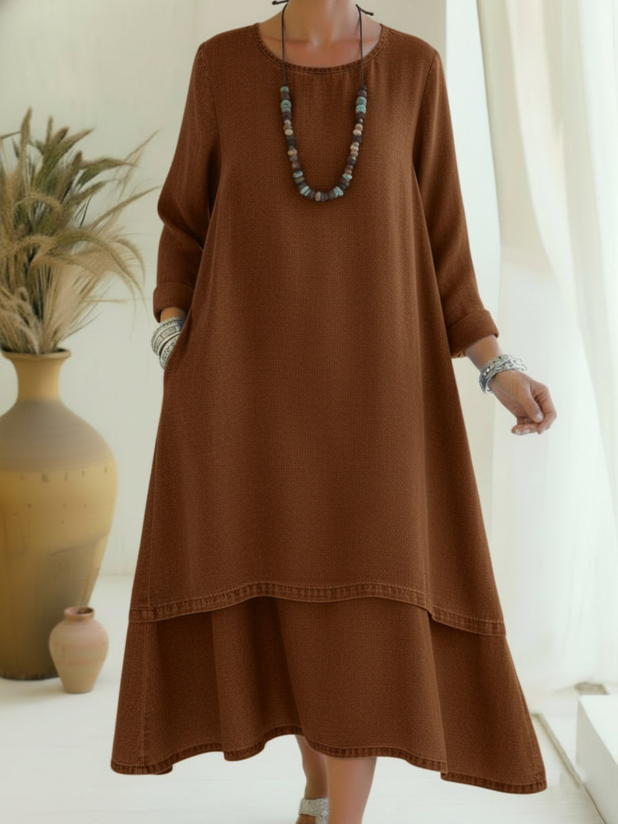 Sienna - Soft-Touch Long-Sleeve Midi Dress - Blue