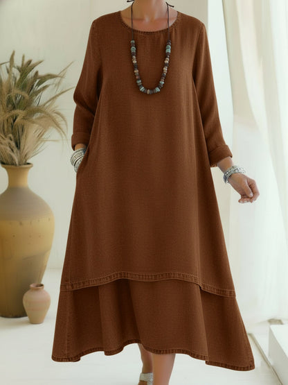 Sienna - Soft-Touch Long-Sleeve Midi Dress - Blue