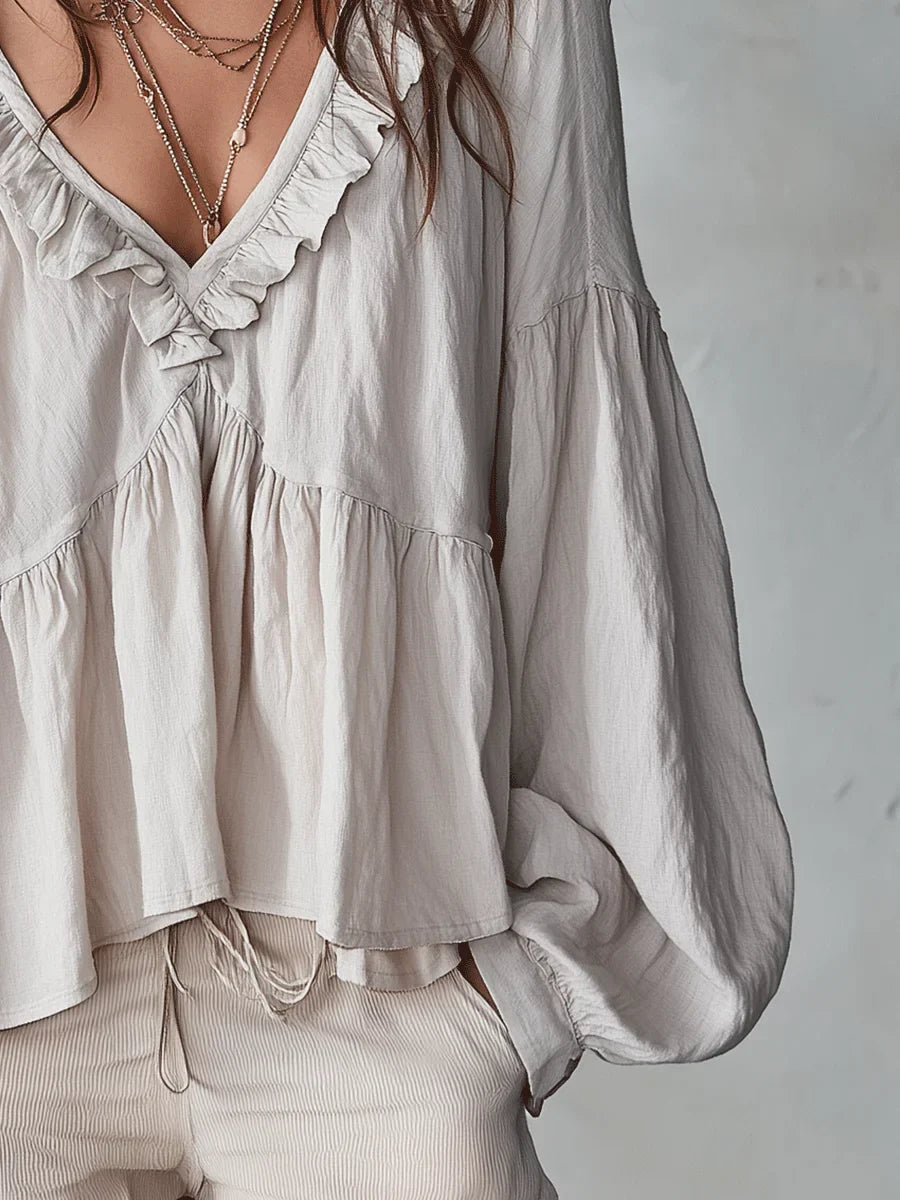Narella - Ruffle V-Neck Blouse - Green