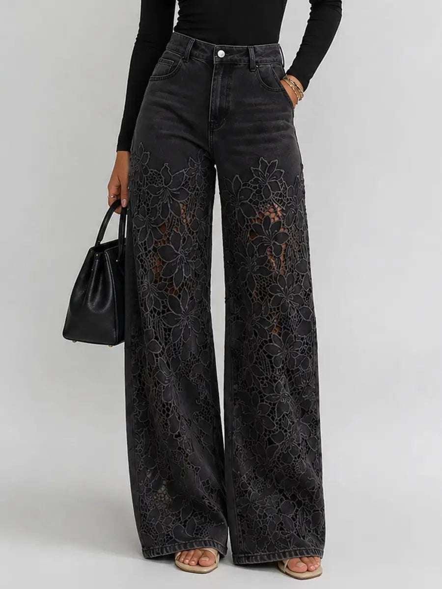 Kaliora - Floral Lace Wide Leg Jeans - Blue