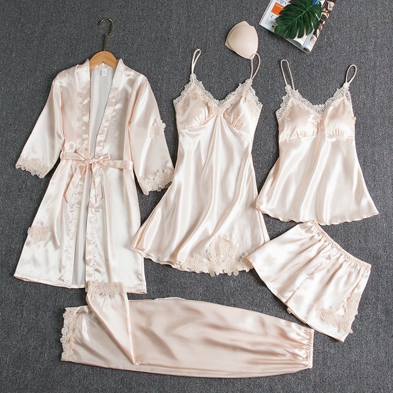 Emirae - Five-Piece Ice Silk Nightgown - Red