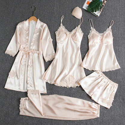 Emirae - Five-Piece Ice Silk Nightgown - Red
