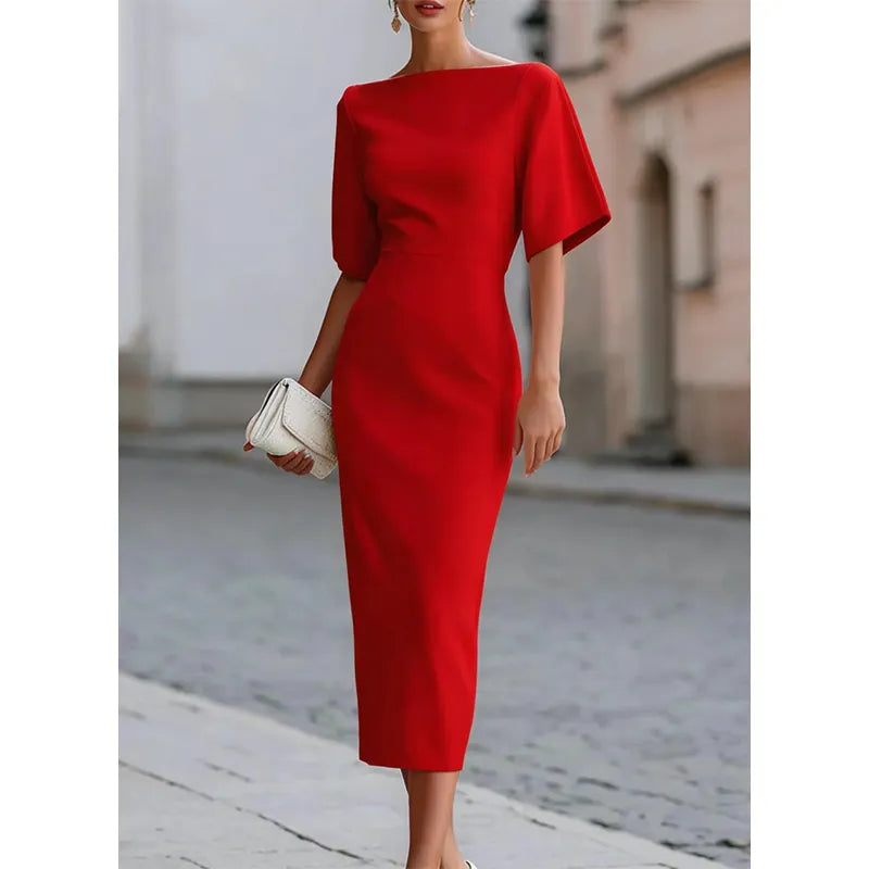 Leonelle - Elegant Boat Neck Midi Dress - White