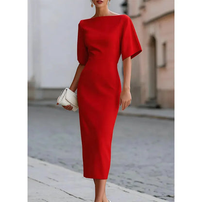 Leonelle - Elegant Boat Neck Midi Dress - White