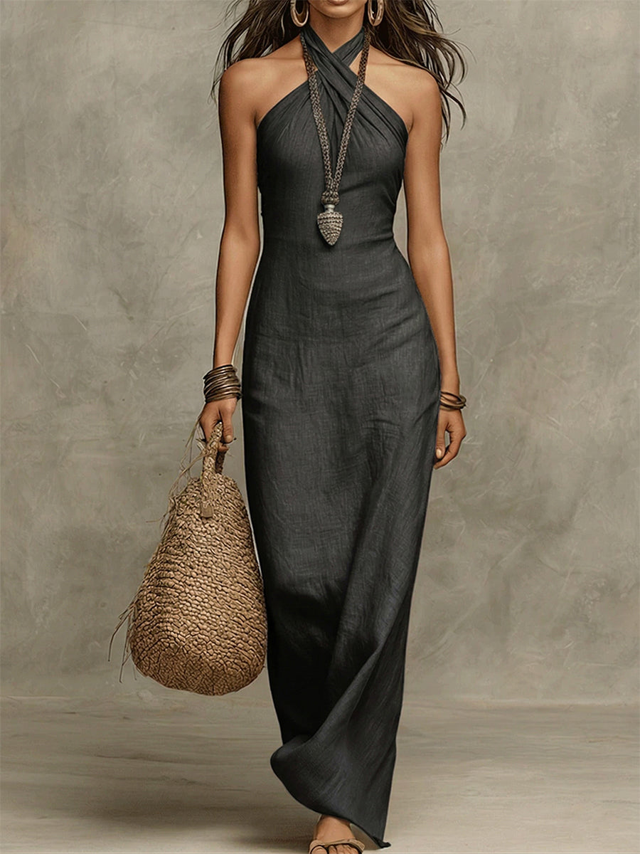 Kallene - Lightweight Linen Maxi Dress - Khaki
