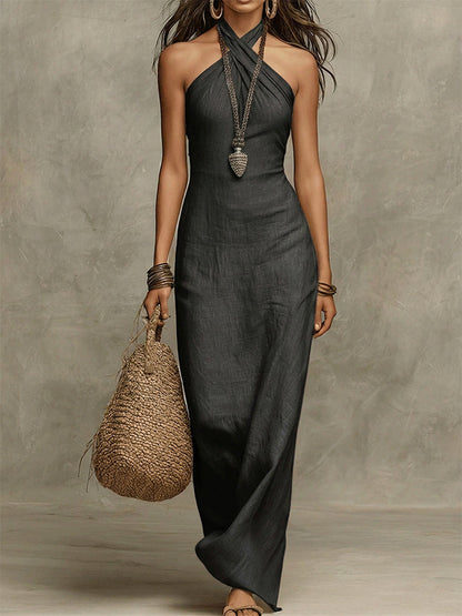 Kallene - Lightweight Linen Maxi Dress - Khaki