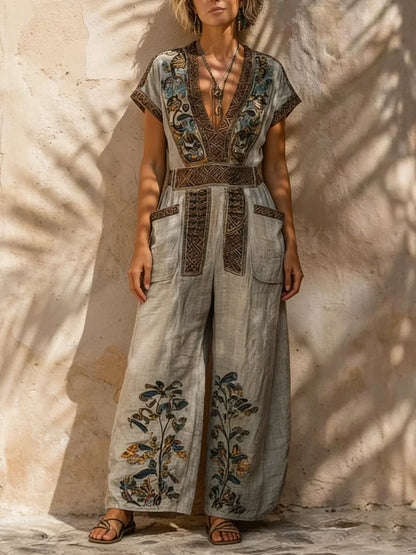 Zalira - Embroidered Wide-Leg Jumpsuit - Sand