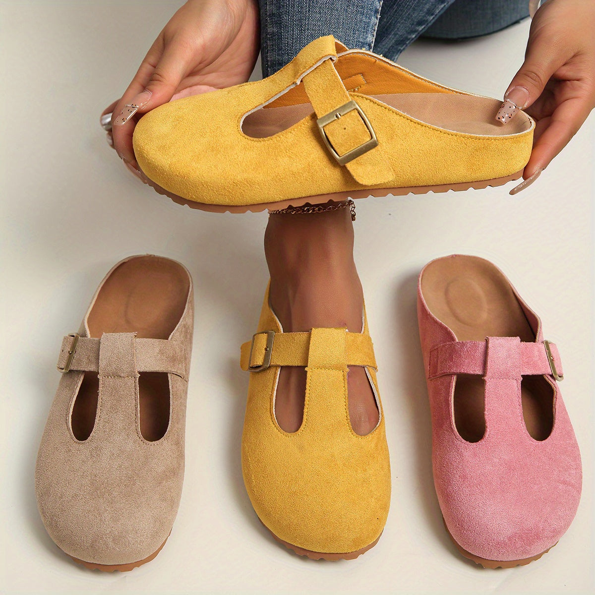 Korae - Buckle T-Strap Clogs - Yellow