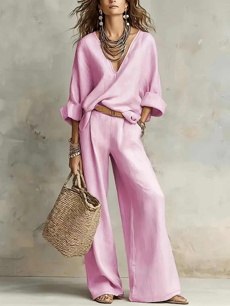 Zinnoria - Breezy Linen Two Piece Set - Pink