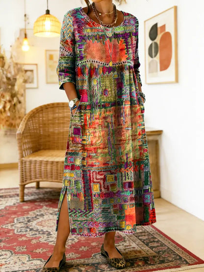 Maelle - Printed Loose Midi Dress Casual Fit - Red