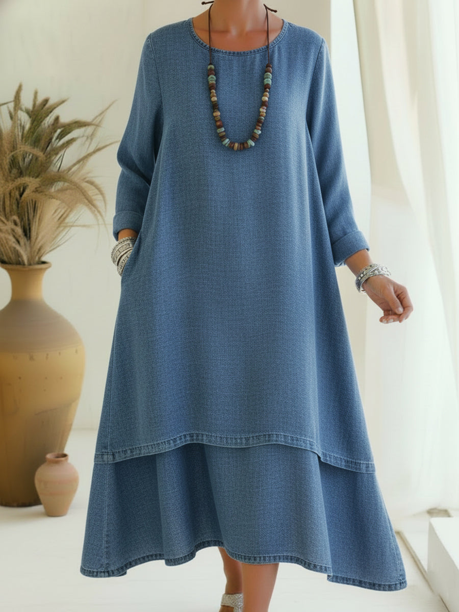 Sienna - Soft-Touch Long-Sleeve Midi Dress - Blue