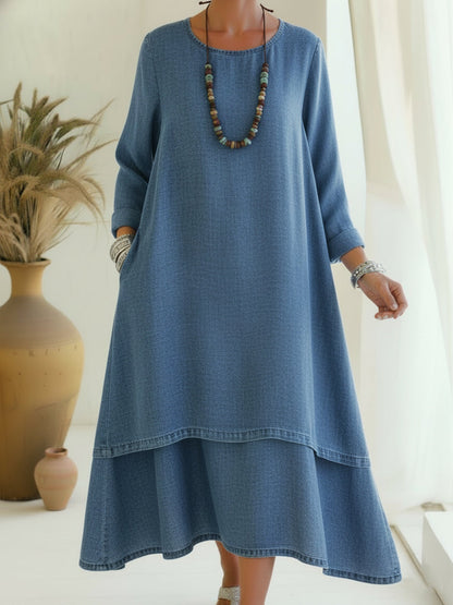 Sienna - Soft-Touch Long-Sleeve Midi Dress - Blue