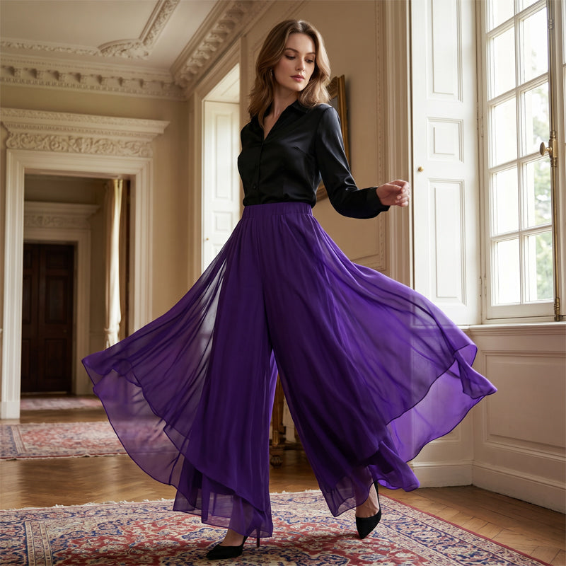 Hope - Chiffon Overlay Wide Leg Trousers - Black