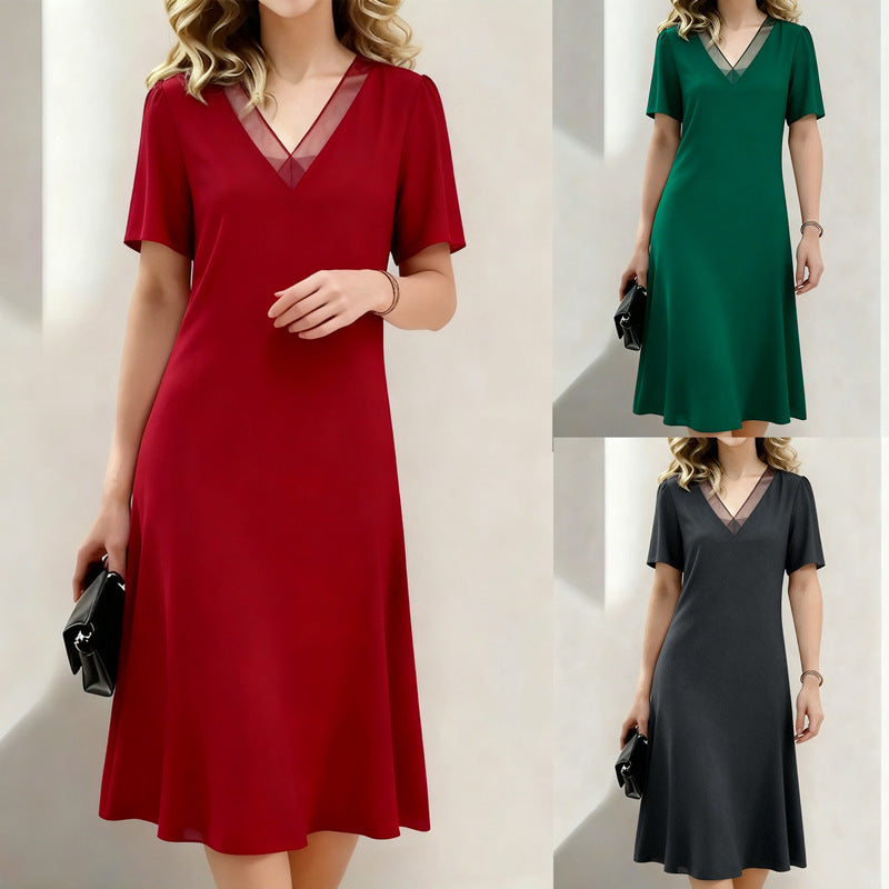 Brina - V-Neck Midi Dress Short Sleeve - Red