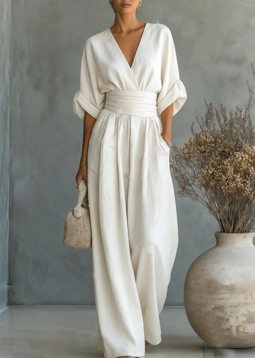 Solavie - Fluid Wide-Leg Jumpsuit - White