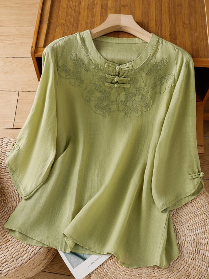 Cressida - Embroidered Mandarin Collar Blouse - Green
