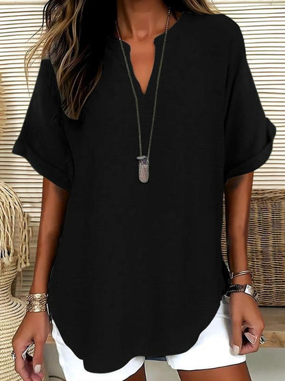 Xalina - Soft-Touch Notched-Neck Blouse - Navy Blue