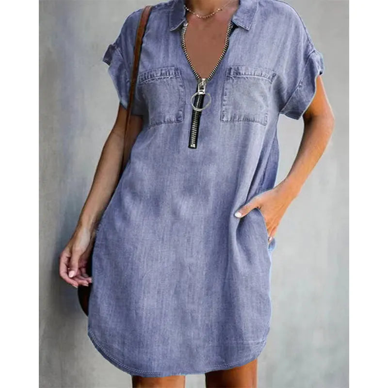 Genevalle - Casual Chambray Pocket Dress - Dark blue