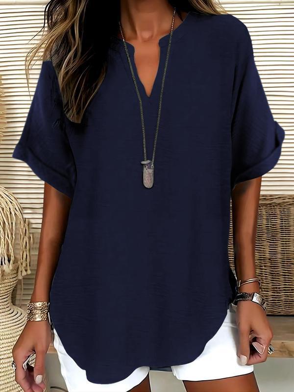 Xalina - Soft-Touch Notched-Neck Blouse - Navy Blue