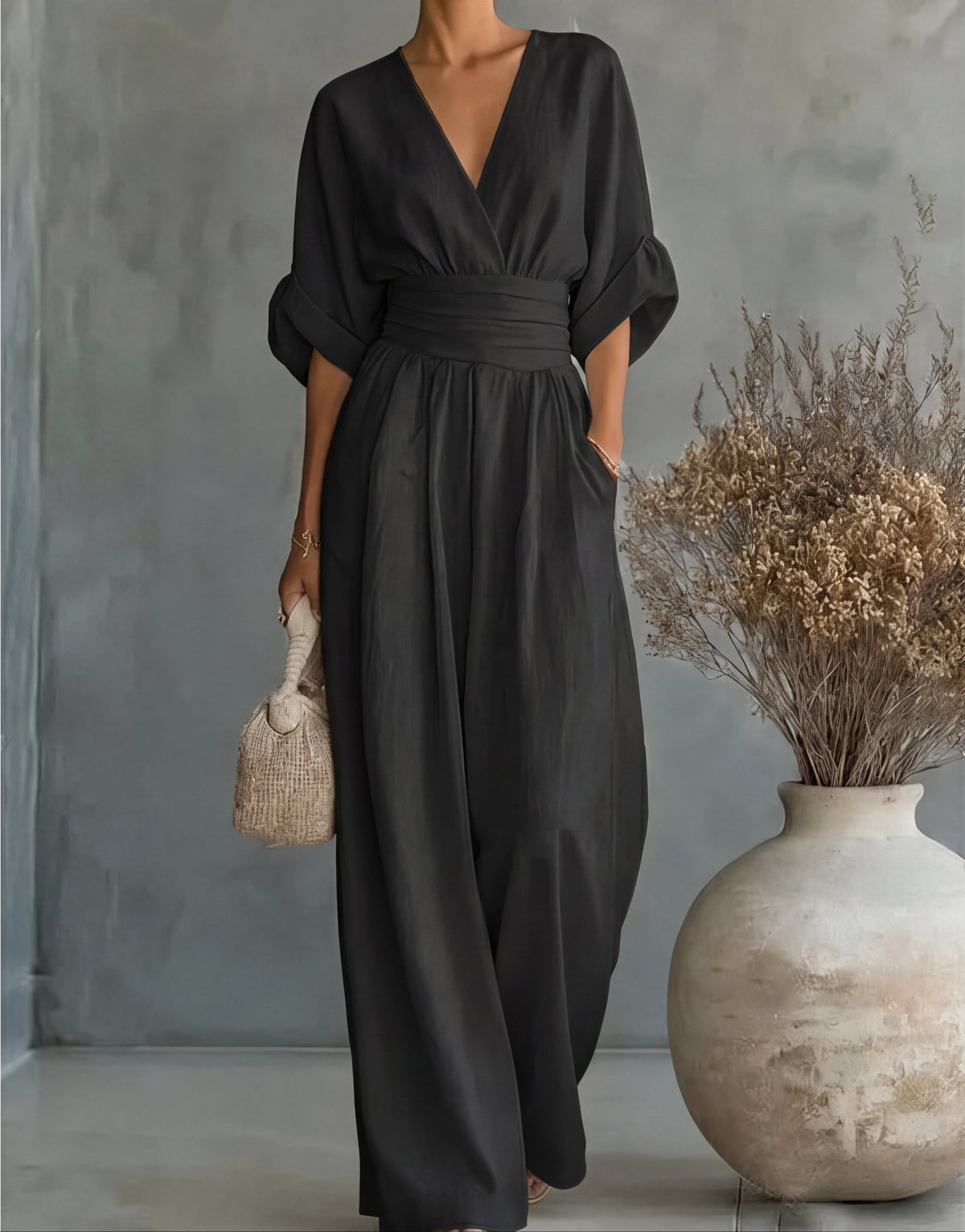 Xylora - Premium V-Neck Wide-Leg Jumpsuit - Burgundy