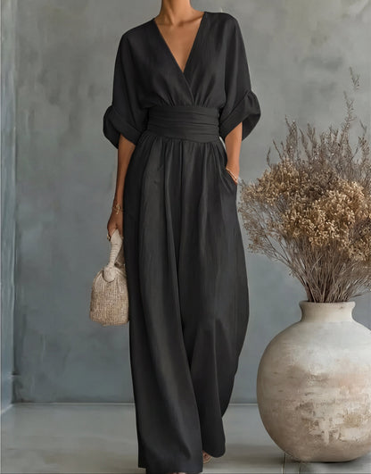 Xylora - Premium V-Neck Wide-Leg Jumpsuit - Burgundy