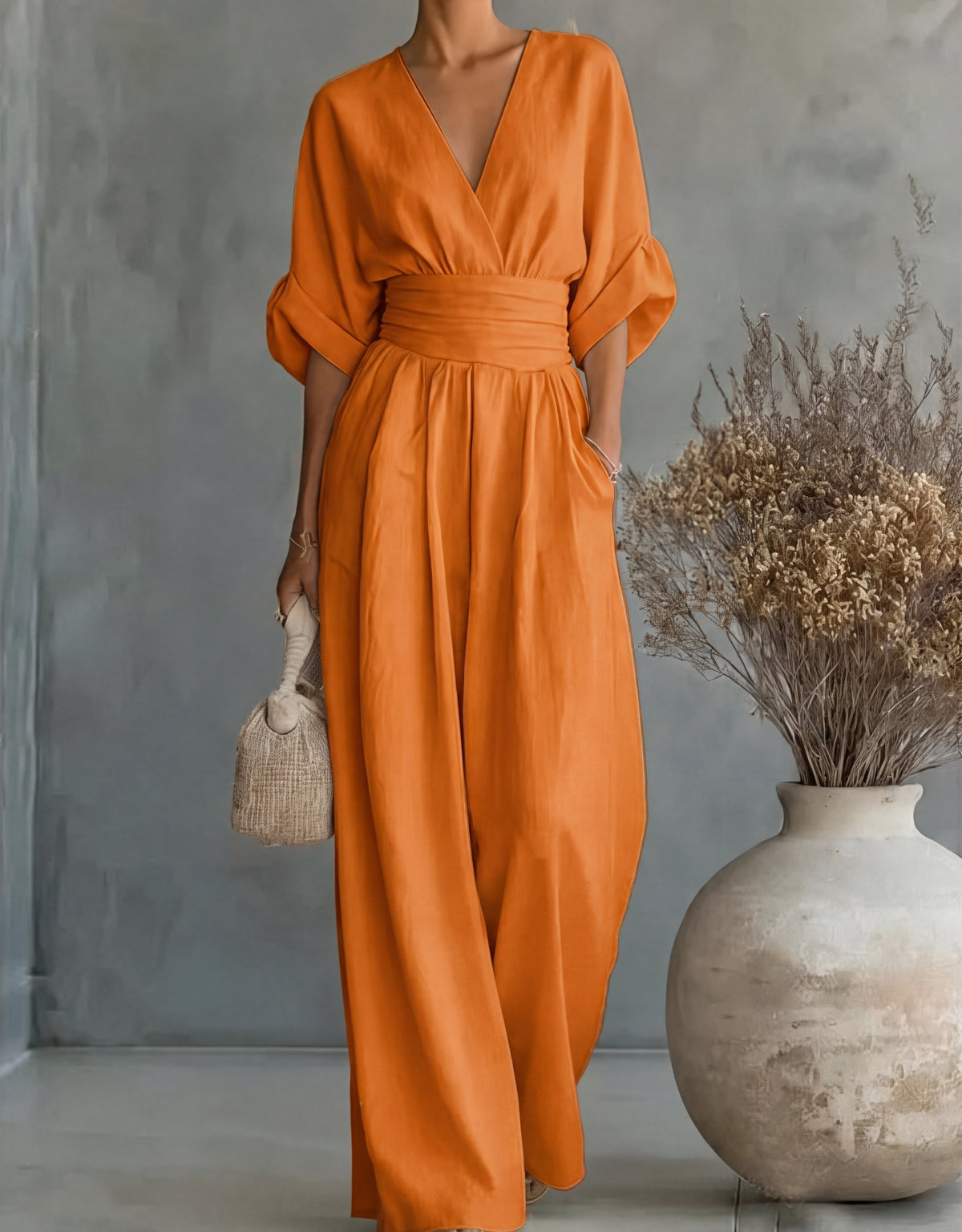 Xylora - Premium V-Neck Wide-Leg Jumpsuit - Burgundy