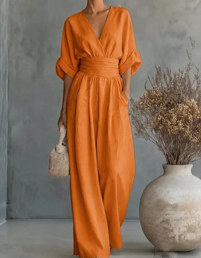 Xylora - Premium V-Neck Wide-Leg Jumpsuit - Burgundy