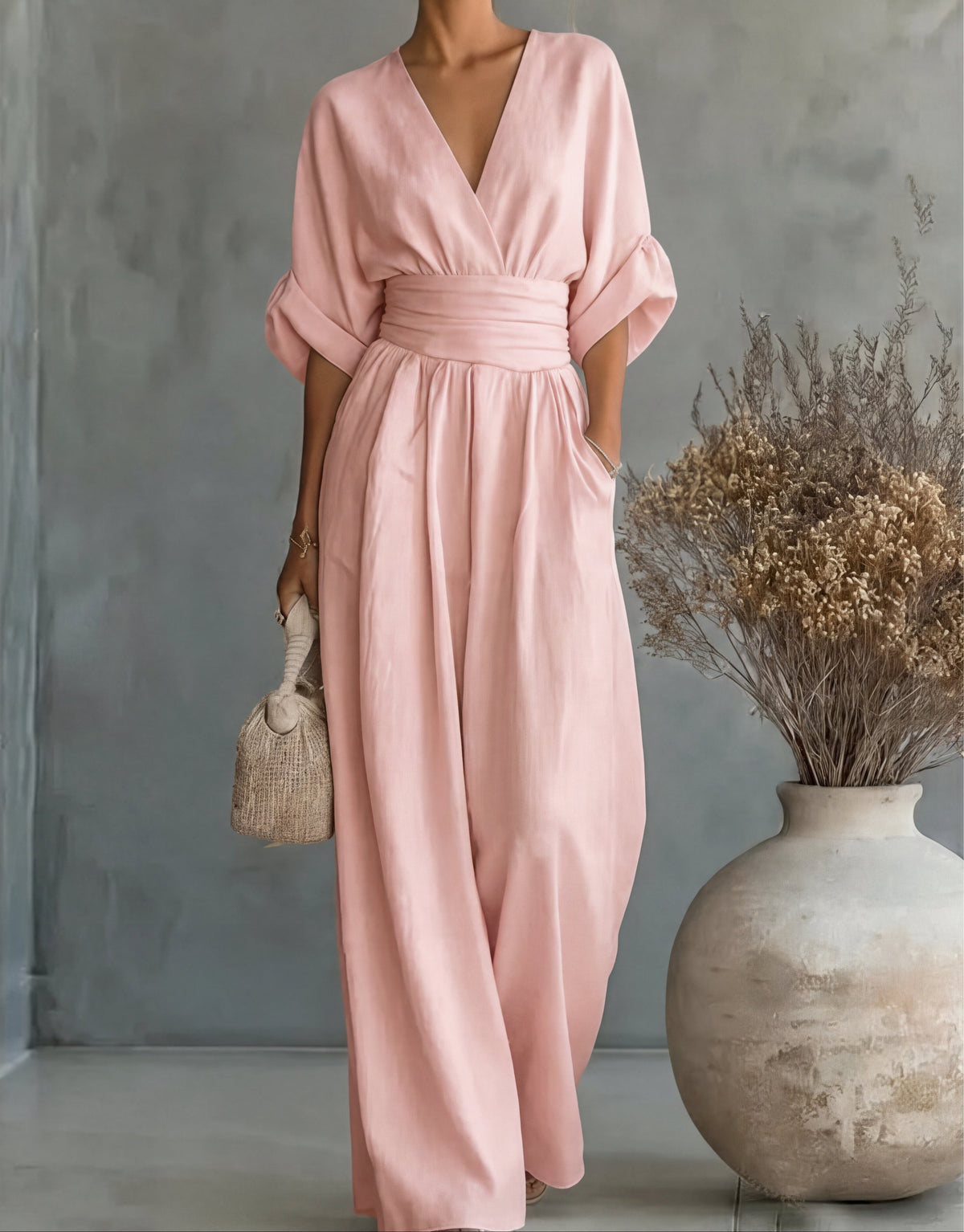 Xylora - Premium V-Neck Wide-Leg Jumpsuit - Burgundy