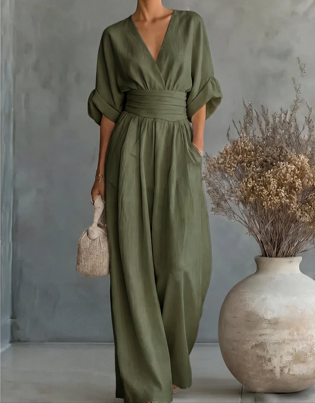 Xylora - Premium V-Neck Wide-Leg Jumpsuit - Burgundy