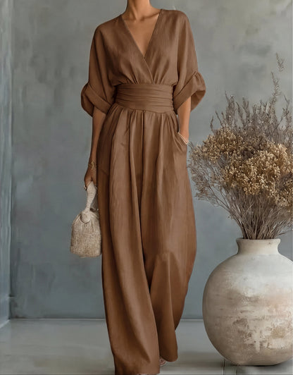 Xylora - Premium V-Neck Wide-Leg Jumpsuit - Burgundy