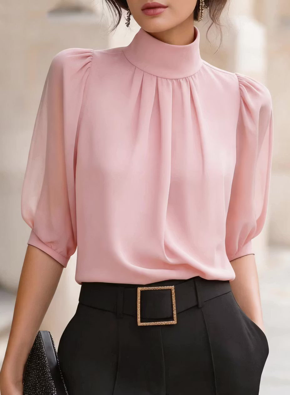 Valessique - Pleated High Neck Blouse - Blue