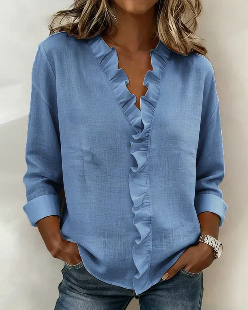 Brinae - Soft-Touch Long-Sleeve Ruffled V-Neck Blouse - Pink