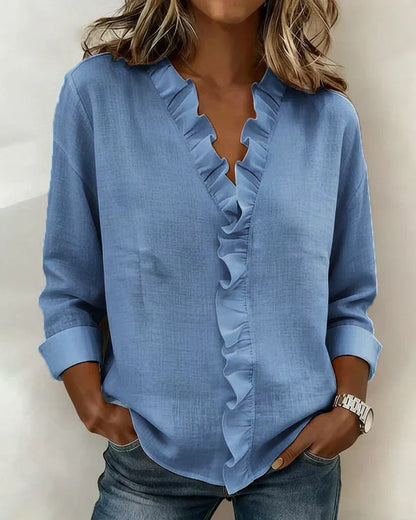 Brinae - Soft-Touch Long-Sleeve Ruffled V-Neck Blouse - Pink