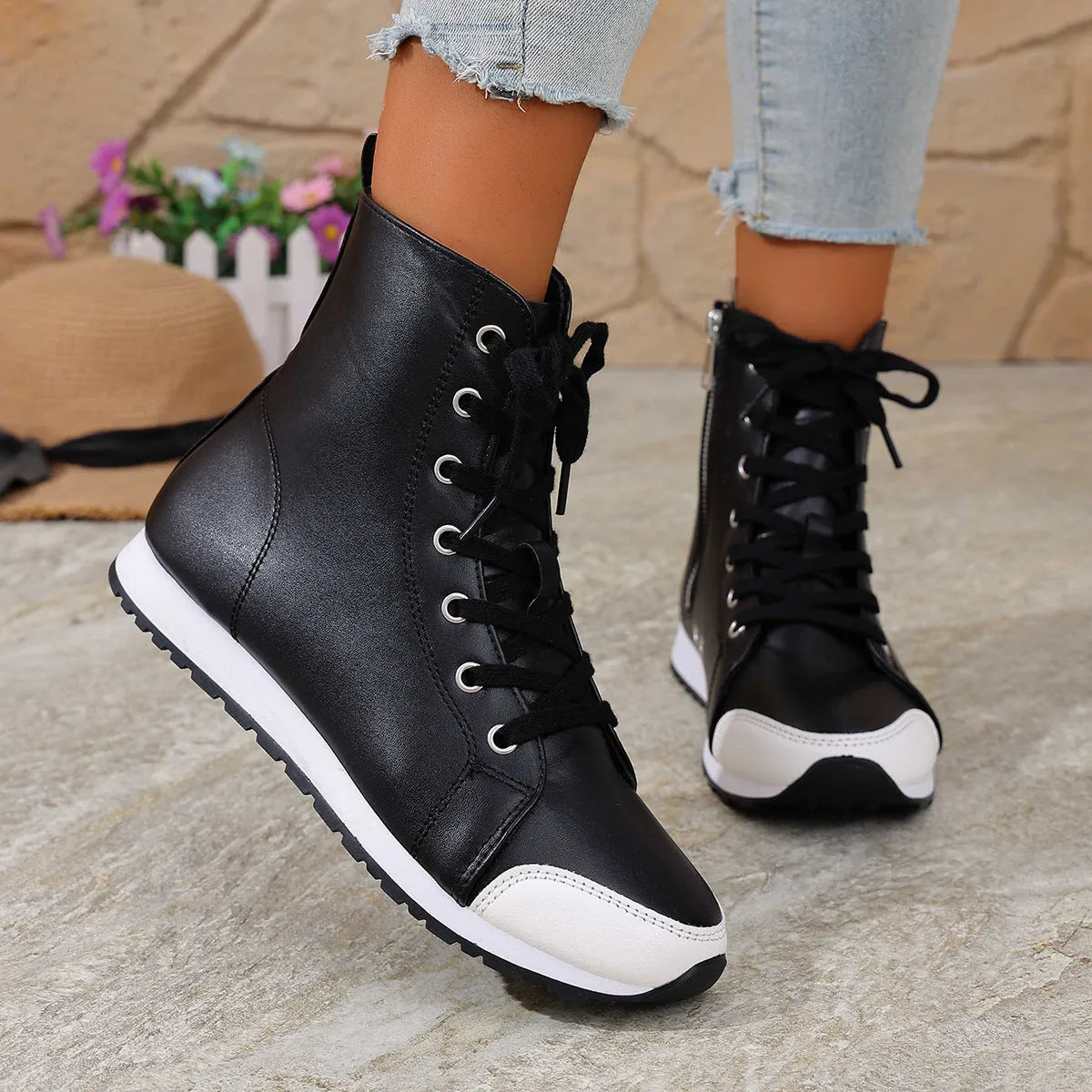 Deloriane - Casual Lace Up Ankle Boots - Black
