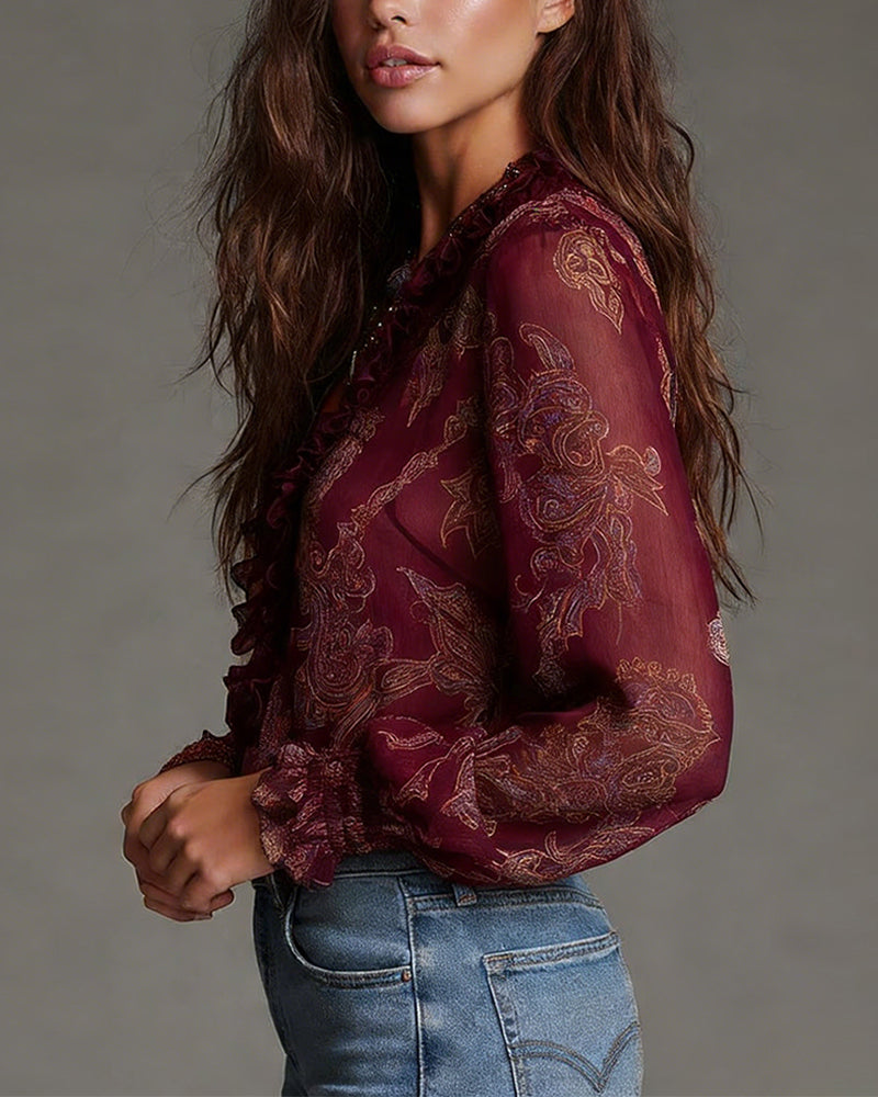 Norina - Soft-Touch V-Neck Blouse - Burgundy