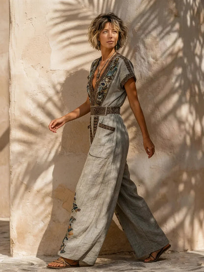 Zalira - Embroidered Wide-Leg Jumpsuit - Sand