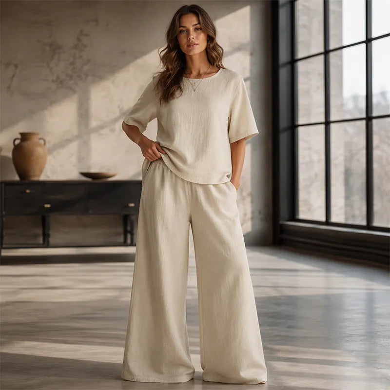 Annavie - Breathable Linen Two-Piece Set - Light brown