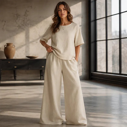 Annavie - Breathable Linen Two-Piece Set - Light brown