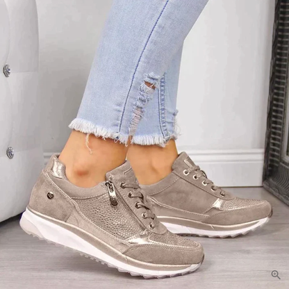 Raina - Lace Up Sneakers With Side Zip Casual Fit - Beige