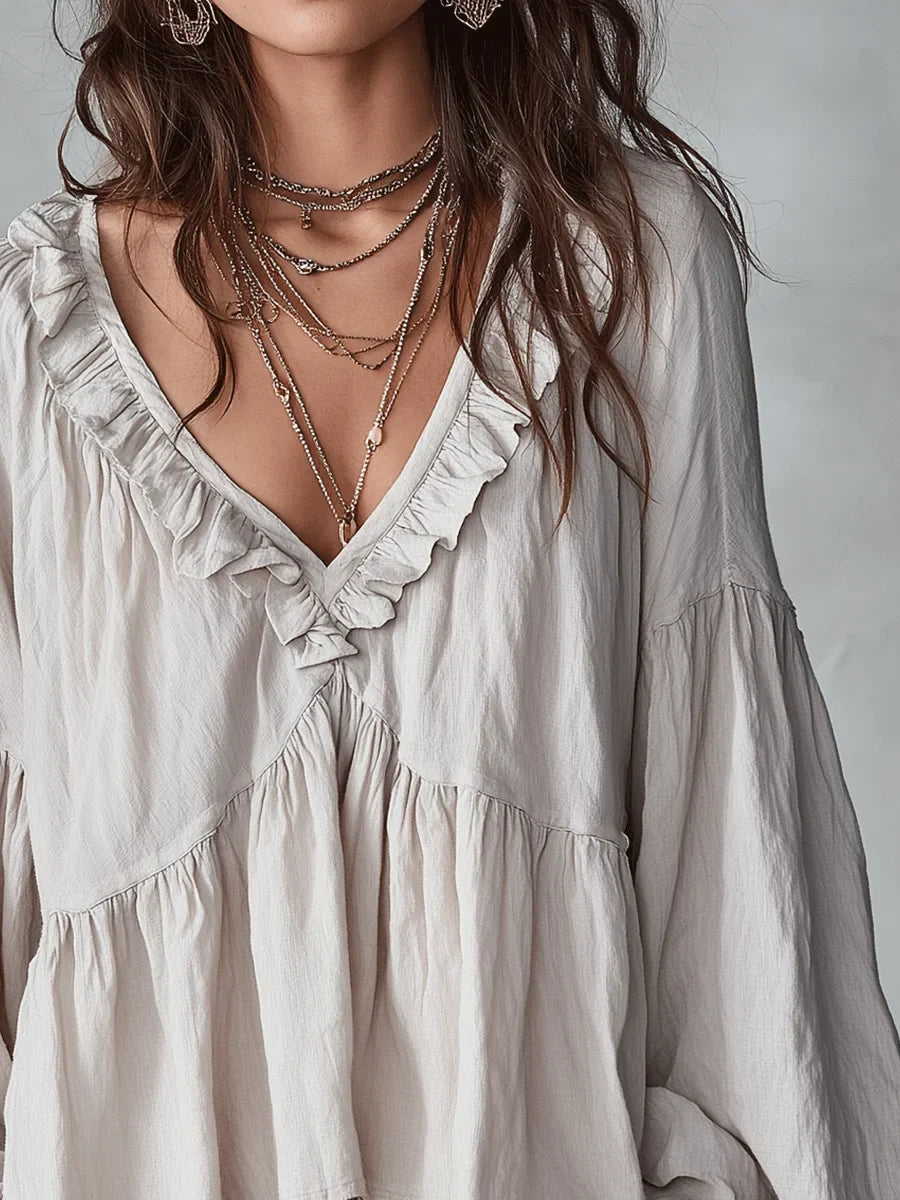 Narella - Ruffle V-Neck Blouse - Green