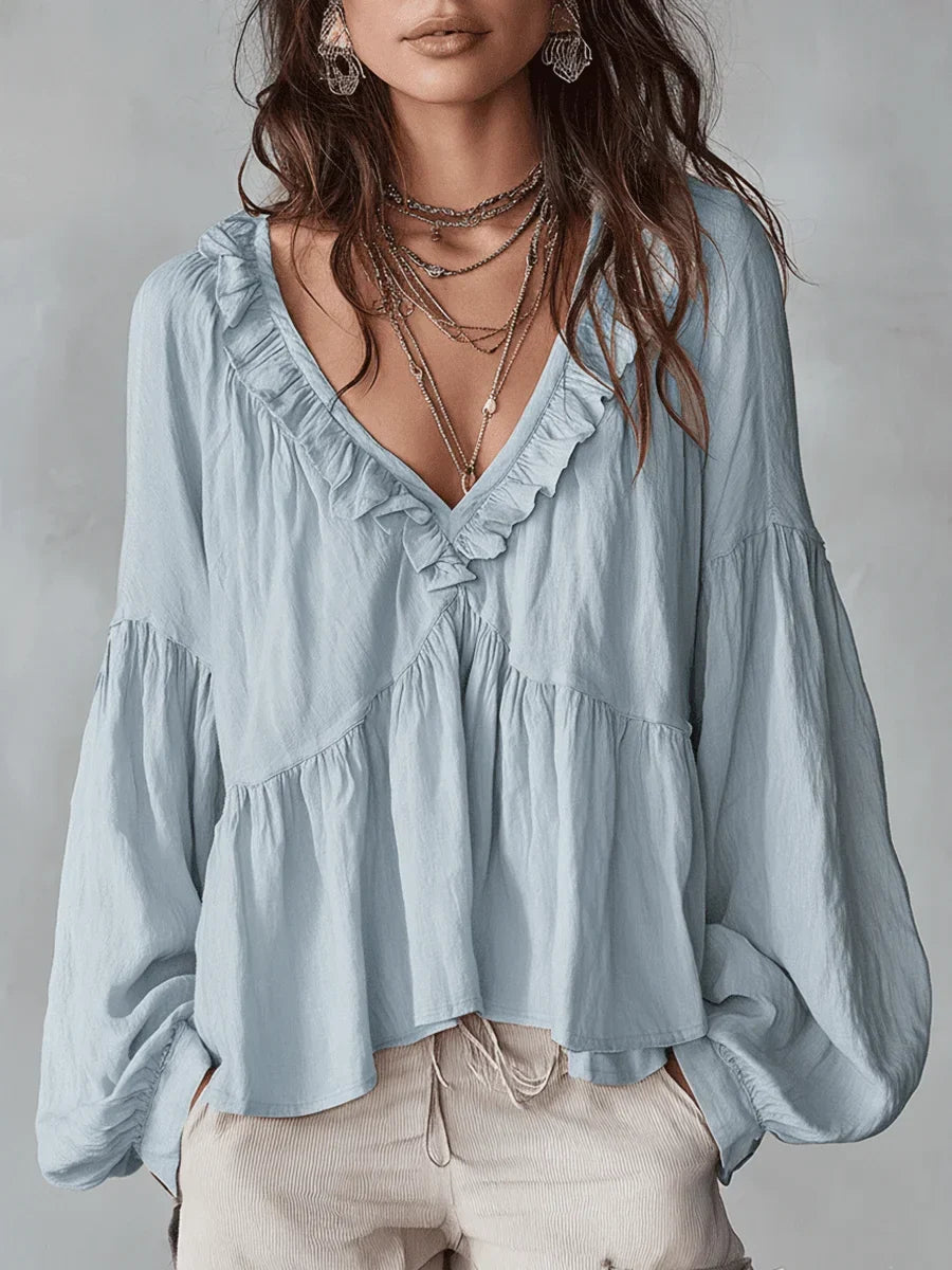 Narella - Ruffle V-Neck Blouse - Blue