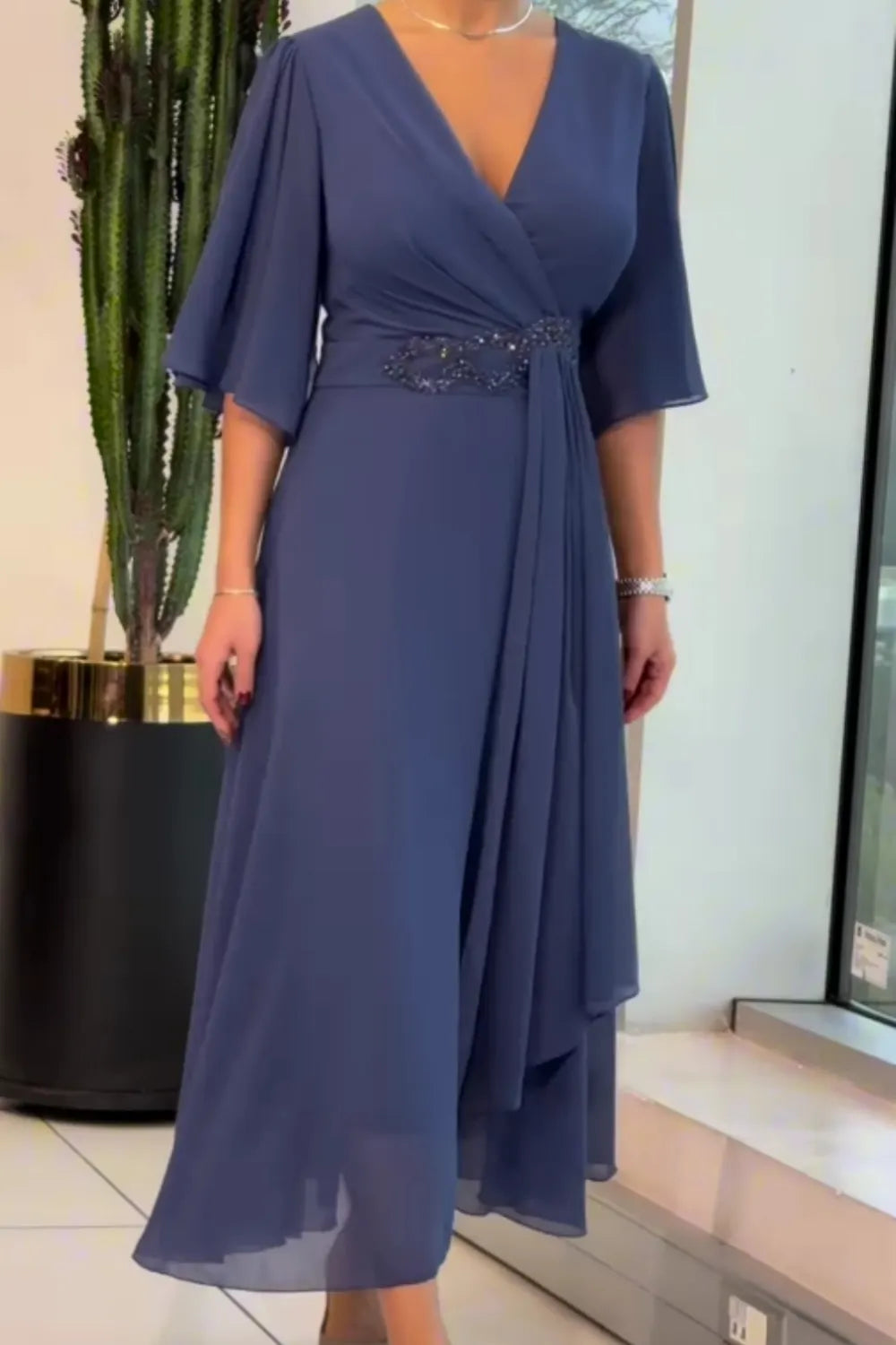 Celinette - Crystal Waist Chiffon Maxi Dress - Grey
