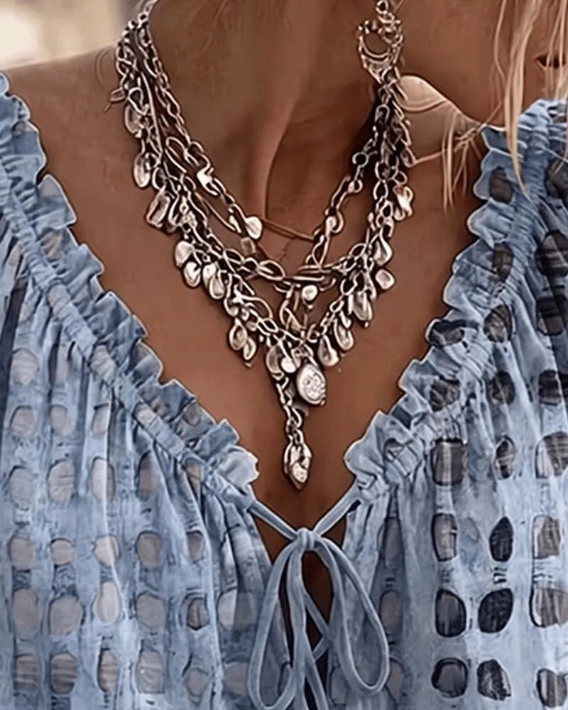 Araminta - Soft-Touch Lace-Up V-Neck Blouse - Blue