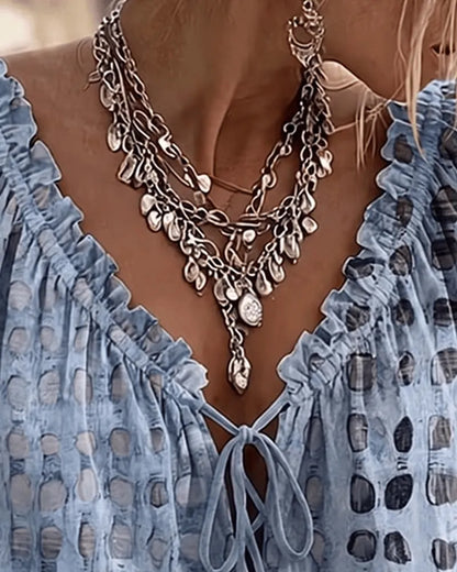 Araminta - Soft-Touch Lace-Up V-Neck Blouse - Blue
