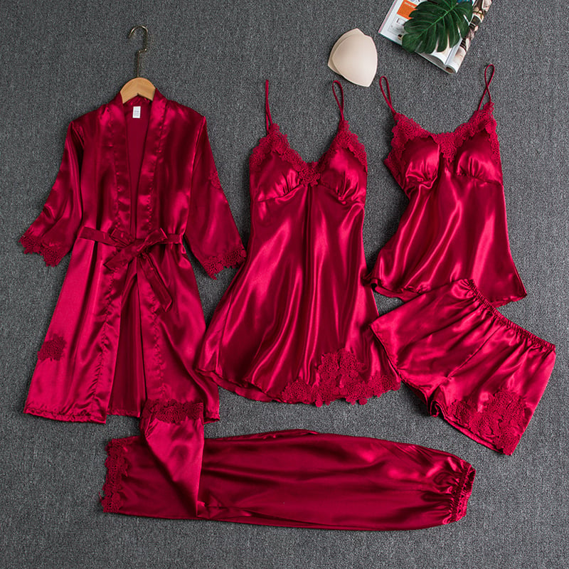 Emirae - Five-Piece Ice Silk Nightgown - Red
